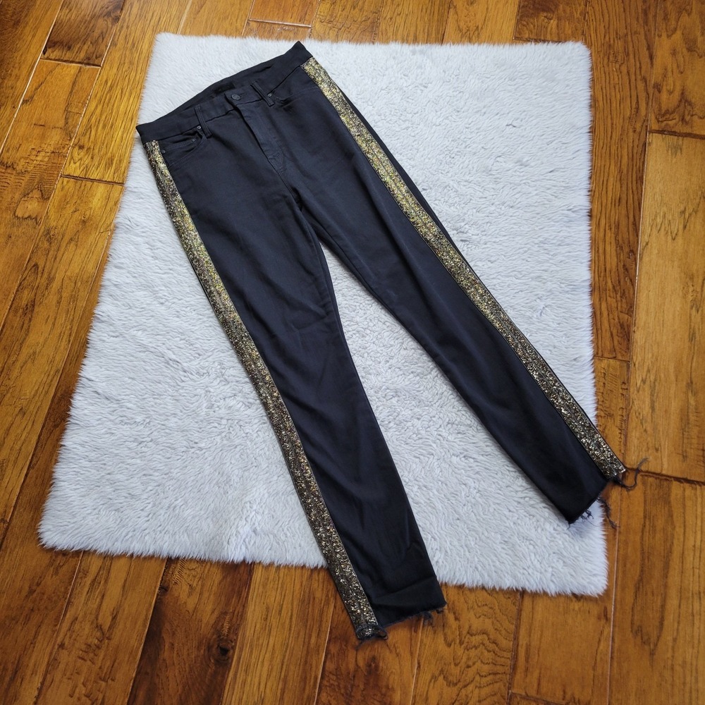 Mother High Waisted Looker Ankle Fray Jeans Women's 27 Guilty Flash Beaded